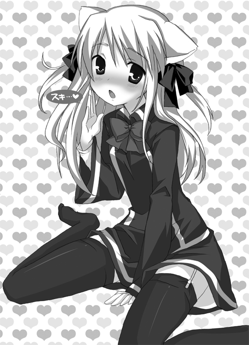 shiratama, shiratama yomogi, shalon, quiz magic academy, 1girl, animal ears, cat ears, female focus, greyscale, monochrome, solo, thighhighs, zettai ryouiki