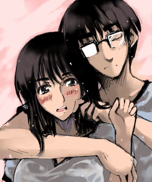 cosaten, hanai haruki, suou mikoto (school rumble), school rumble, 00s, 1boy, 1girl, black hair, blush, couple, glasses, grey shirt, gym uniform, hetero, hug, looking at viewer, shirt, short hair, sportswear, upper body