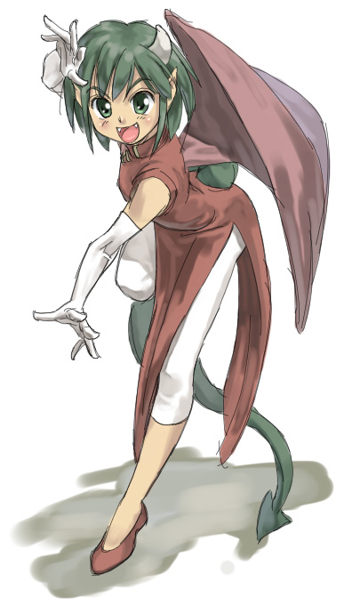 you2, draco centauros, madou monogatari, puyopuyo, 1girl, elbow gloves, female focus, gloves, green eyes, green hair, horns, leggings, matching hair/eyes, pelvic curtain, pointy ears, short hair, simple background, solo, tail, white background, white leggings, wings