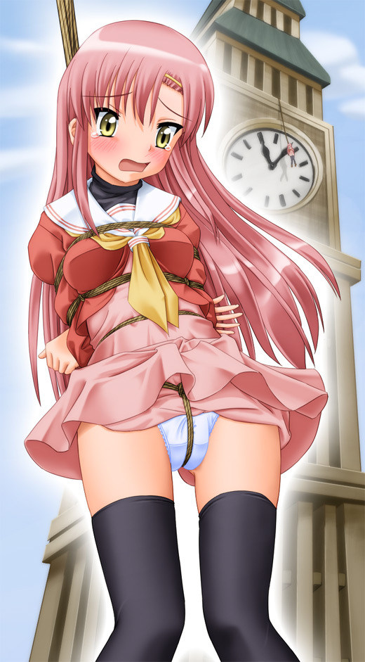 kannazuki okuto, katsura hinagiku, hayate no gotoku!, 00s, 1girl, arms behind back, assisted exposure, bdsm, black thighhighs, blush, bondage, bound, clock, clock tower, crotch rope, female focus, long hair, outdoors, panties, peril, pink hair, rope, scared, school uniform, serafuku, solo, tears, thighhighs, tower, underwear, white panties, yellow eyes
