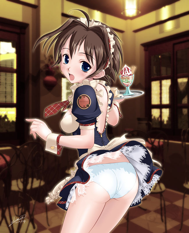 tomomimi shimon, plaid, 1girl, ahoge, ass, blue eyes, blue hair, blush, breasts, brown hair, clothes lift, cowboy shot, cup, dessert, female focus, food, frills, hairband, ice cream, indoors, looking back, necktie, open mouth, panties, short hair, skirt, skirt lift, solo, standing, tray, underwear, waitress, white panties