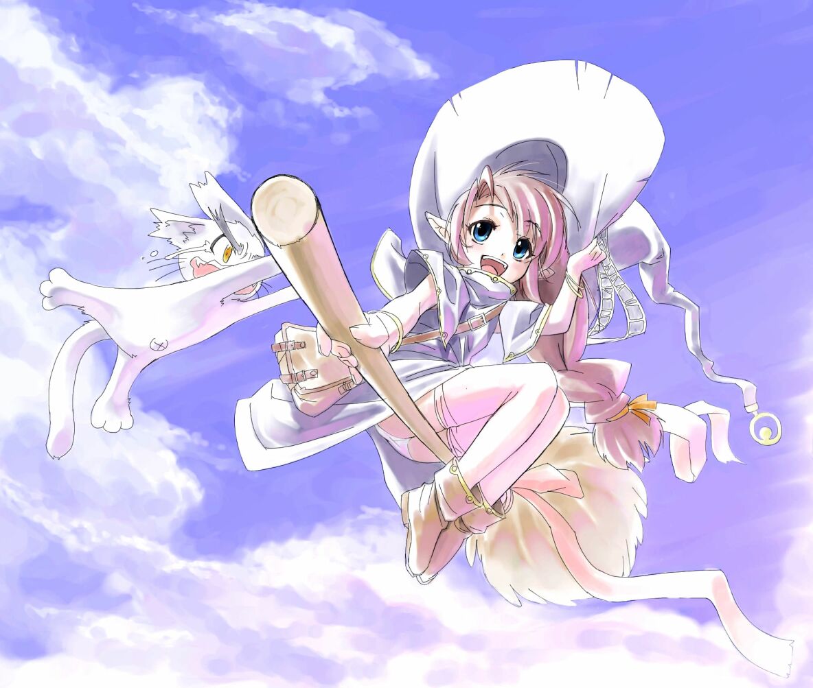 tomomimi shimon, 1girl, broom, broom riding, cat, female focus, long hair, panties, pink hair, sidesaddle, solo, underwear, witch