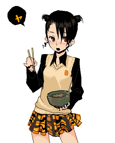 z-ton, saotome suzume, hyakko, lowres, 00s, 1girl, black hair, black skirt, blush, bowl, chopsticks, collared shirt, cowboy shot, double bun, facing viewer, female focus, food, hair bun, jaggy lines, looking at viewer, miniskirt, noodles, oekaki, plaid clothes, plaid skirt, pleated skirt, ramen, school uniform, shirt, short hair, simple background, skirt, solo, speech bubble, standing, sweater vest, vest, white background