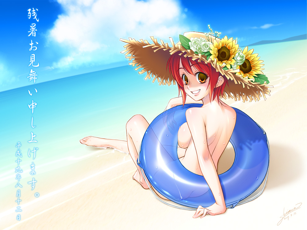 tomomimi shimon, original, 1girl, ass, back, beach, breasts, completely nude, day, female focus, hat, innertube, large breasts, looking back, nude, nudist, outdoors, red hair, see-through clothes, sky, solo, swim ring