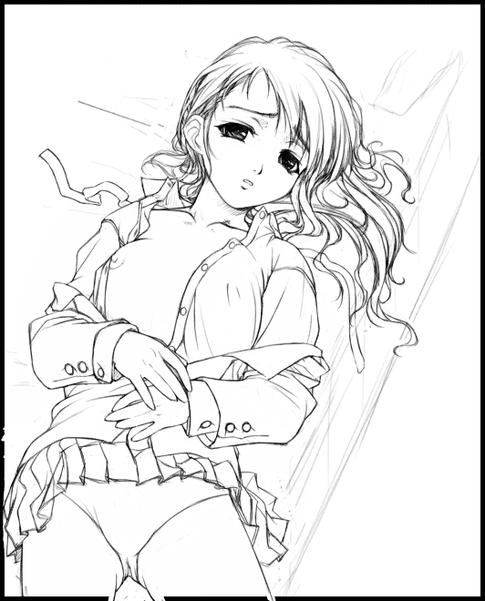 tomomimi shimon, 1girl, clothes lift, female focus, flat chest, greyscale, long hair, lying, monochrome, nipple slip, nipples, no bra, open clothes, open shirt, panties, school uniform, serafuku, shirt, skirt, skirt lift, solo, underwear, undressing