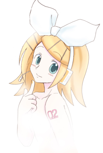 sasaki akira (ugc), kagamine rin, vocaloid, 1girl, aqua eyes, blonde hair, blush, bow, censored, convenient censoring, female focus, hair ornament, hairclip, headphones, headset, light smile, looking at viewer, nail polish, orange nails, pointing, portrait, simple background, solo, steam, steam censor, topless frame