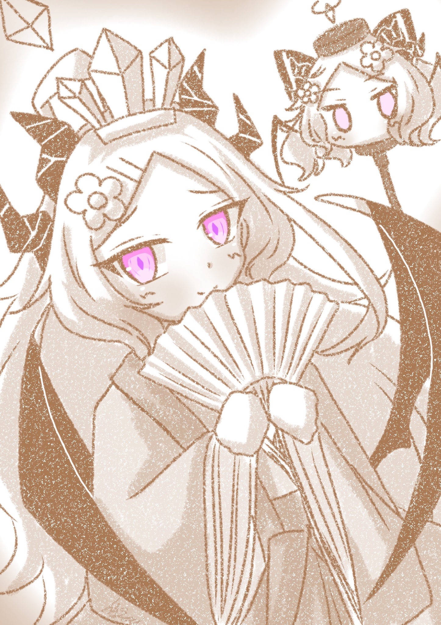 hazai-san, hina (blue archive), blue archive, hinamatsuri, highres, 1girl, blush, chibi, demon girl, demon horns, demon wings, halo, horns, japanese clothes, long hair, looking at viewer, purple eyes, wings