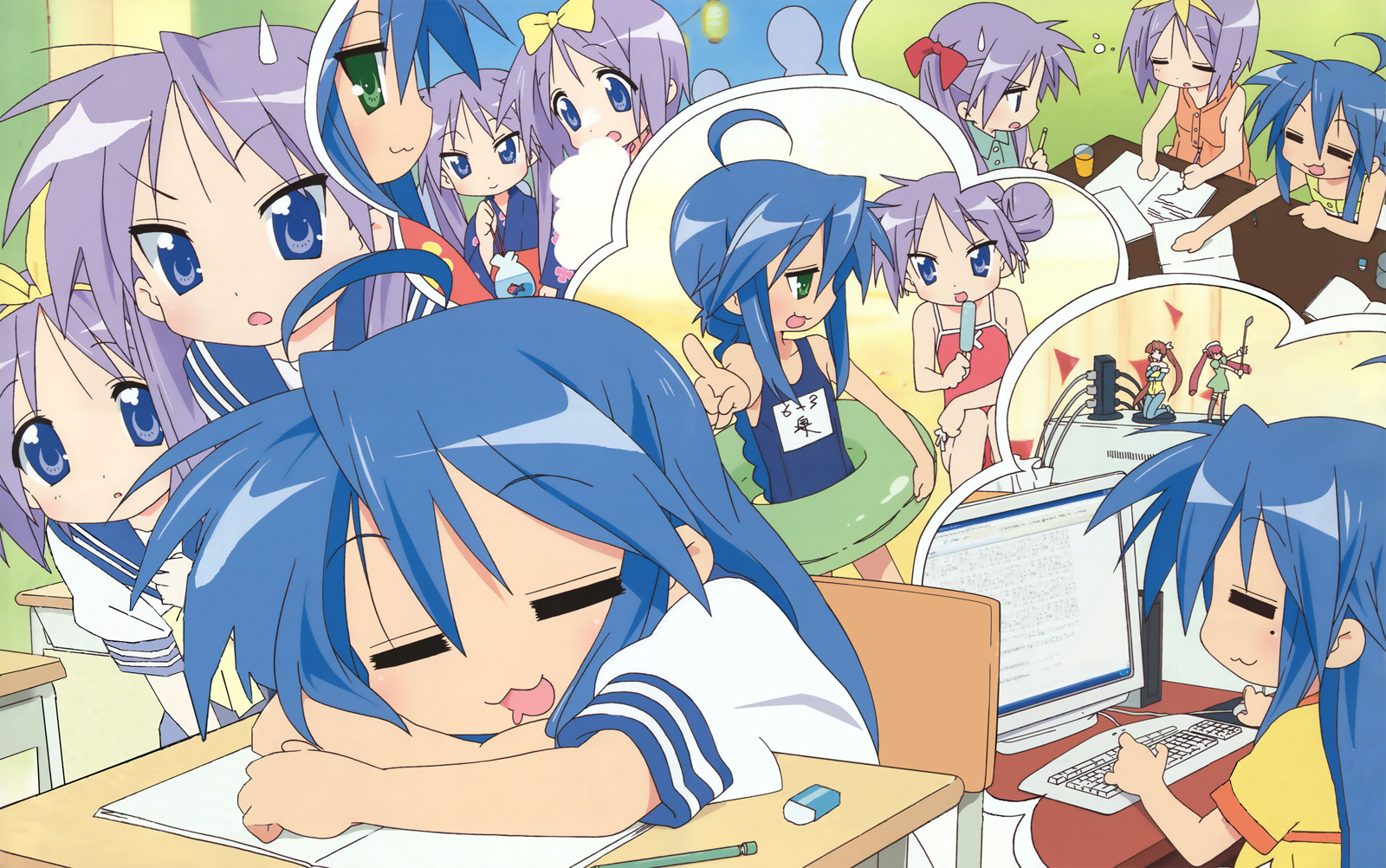 horiguchi yukiko, hiiragi kagami, hiiragi tsukasa, izumi konata, lucky star, highres, 00s, 3girls, :3, = =, mole, mole under eye, multiple girls, school uniform, serafuku, sisters, sitting, sleeping, twins