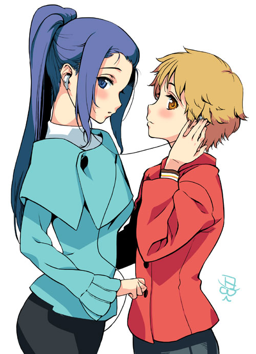 oshare kyoushitsu, 2girls, blonde hair, blue eyes, blue hair, blush, earbuds, earphones, long hair, multiple girls, ponytail, shared earphones, sharing, short hair, yellow eyes