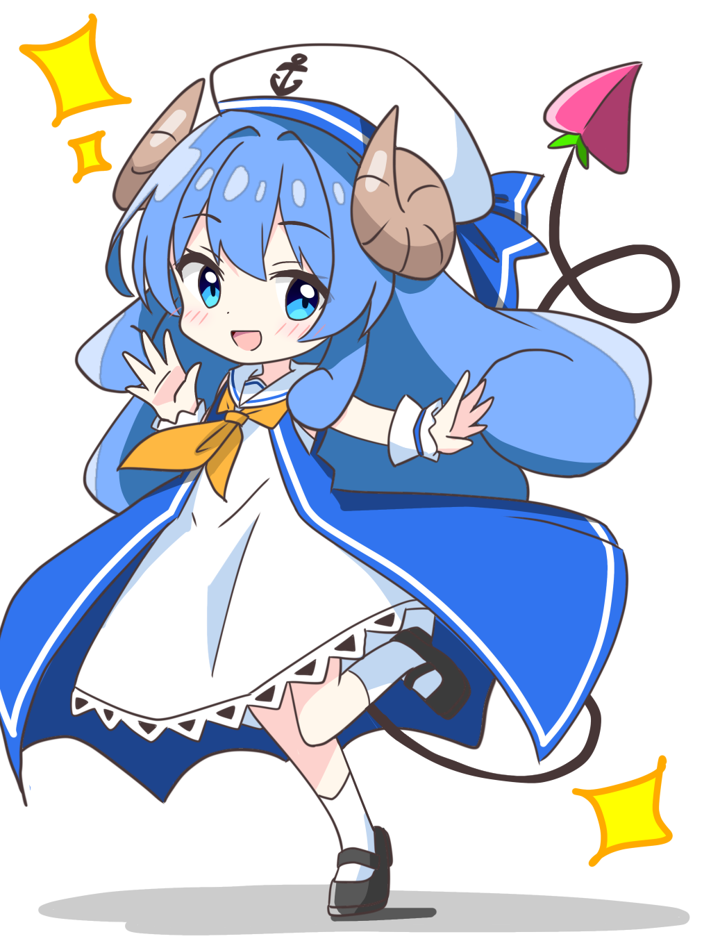 kotatsu-mazoku, machikado mazoku, commentary request, highres, 1girl, :d, alternate color, alternate costume, black shoes, blue dress, blue eyes, blue hair, blush, dot nose, dress, full body, hat, long hair, looking at viewer, mary janes, neckerchief, open mouth, sailor collar, sailor dress, shoes, sidelocks, simple background, sleeveless, sleeveless dress, smile, socks, solo, sparkle, standing, standing on one leg, white background, white hat, white sailor collar, white socks, wrist cuffs, yellow neckerchief