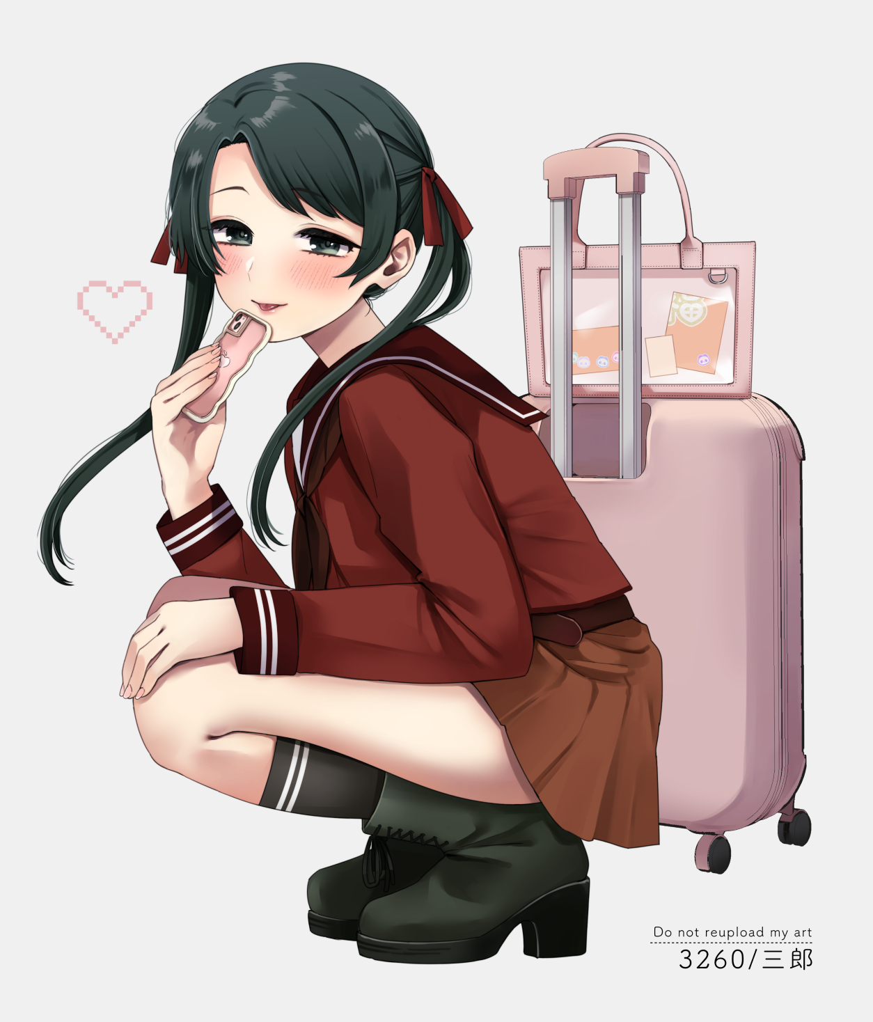 saburou 03, mikuma (kancolle), kantai collection, commentary request, highres, 1girl, bag, black hair, black socks, blush, boots, brown skirt, cellphone, green eyes, grey background, hair ribbon, heart, high heel boots, high heels, holding, holding phone, long hair, long sleeves, looking at viewer, phone, red ribbon, red sailor collar, ribbon, sailor collar, school uniform, serafuku, simple background, skirt, smartphone, socks, solo, squatting, suitcase, tongue, tongue out, twintails