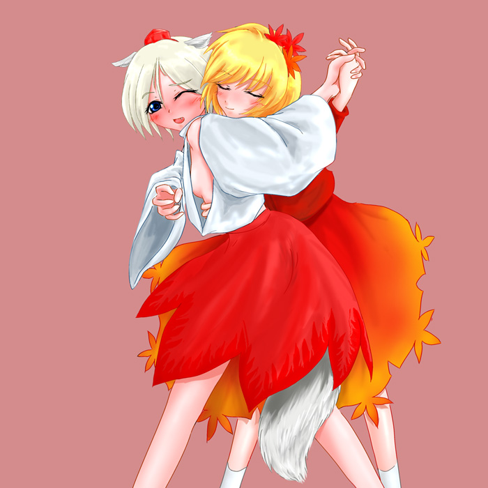 aki shizuha, inubashiri momiji, touhou, 2girls, animal ears, blonde hair, blue eyes, breasts, closed eyes, female focus, hair ornament, leaf, leaf hair ornament, leaf on head, multiple girls, object on head, short hair, sideboob, simple background, small breasts, tail, white hair, wolf ears, yuri