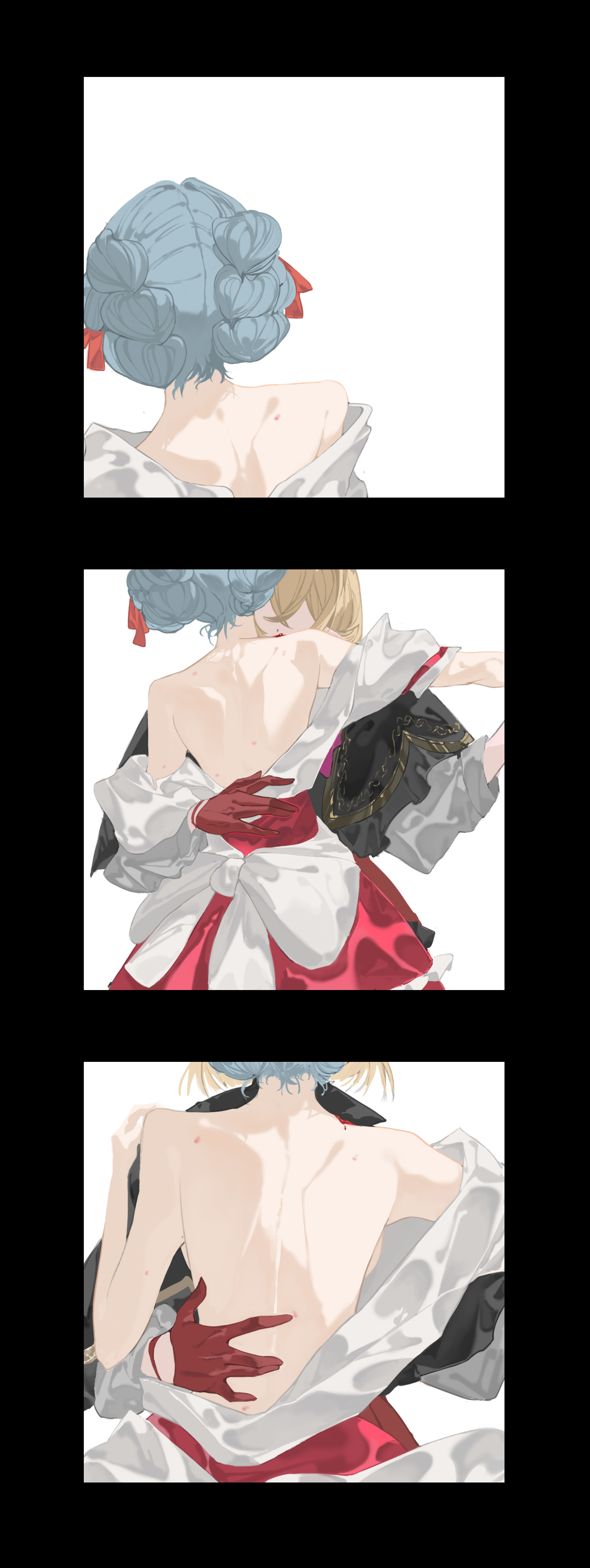 yang lizi, aver (yumenokessho), doloris (bang dream!), misumi uika, togawa sakiko, bang dream!, bang dream! it's mygo!!!!!, sweets paradise, absurdres, chinese commentary, commentary request, highres, 2girls, blonde hair, blue hair, dress, gloves, hair ribbon, hair up, hand on another's waist, hickey, multiple girls, off shoulder, red gloves, red ribbon, ribbon, white dress, yumenokessho, yuri