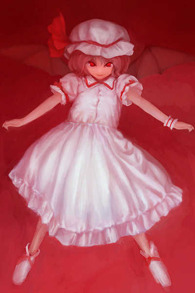 oisin, remilia scarlet, touhou, 1girl, bat wings, female focus, full body, hat, mob cap, solo, wings