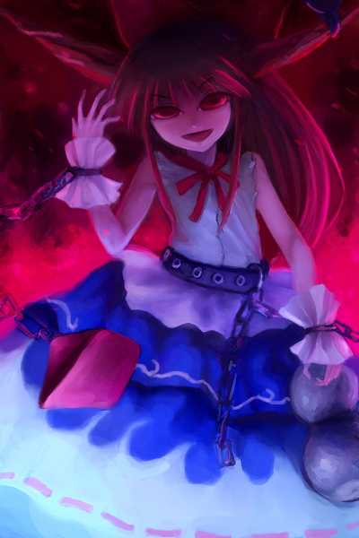 oisin, ibuki suika, touhou, 1girl, bare shoulders, blue skirt, bottle, bow, bowtie, cowboy shot, dark, female focus, gourd, horns, layered skirt, long hair, looking at viewer, low-tied long hair, oni, orange hair, red bow, red bowtie, red eyes, shirt, skirt, sleeveless, sleeveless shirt, solo, very long hair, white shirt, wrist cuffs