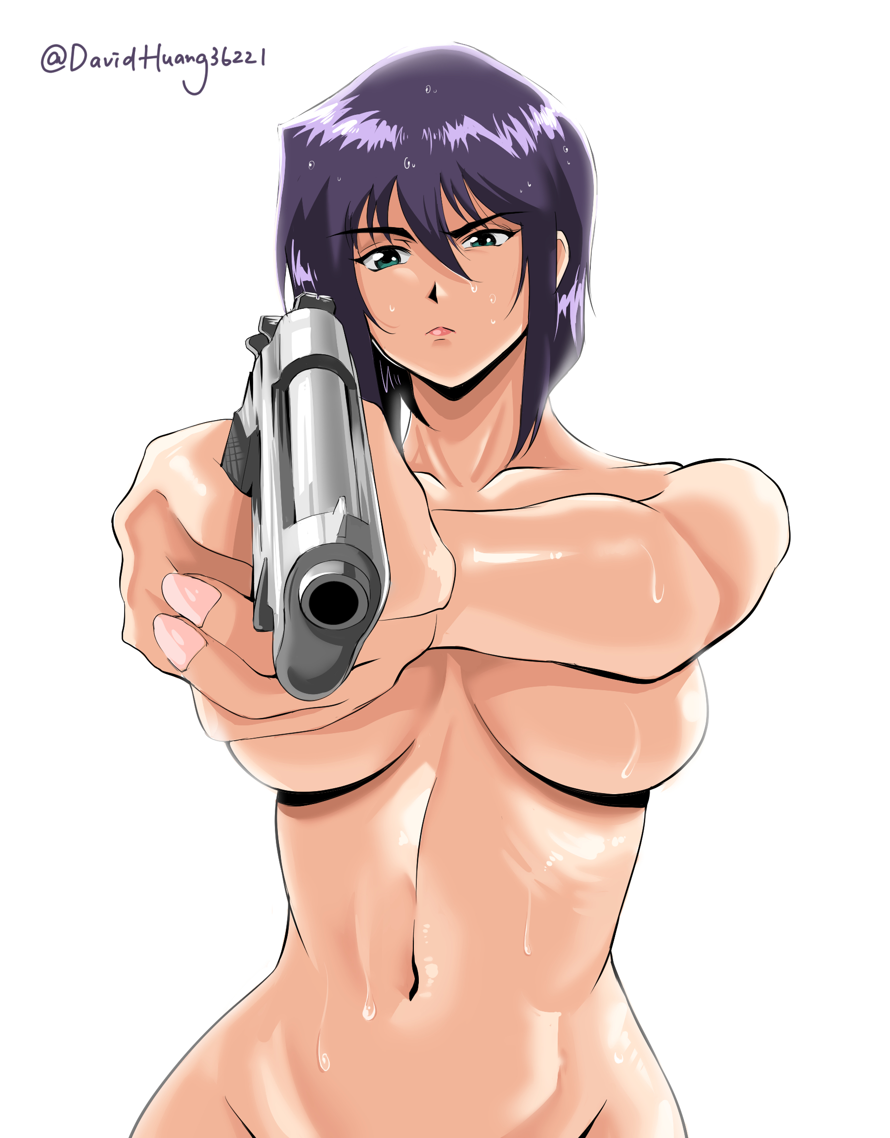 david huang, faye valentine, cowboy bebop, highres, photo-referenced, 1girl, aiming, aiming at viewer, aqua eyes, breasts, breasts apart, cowboy shot, gun, hair between eyes, holding, holding gun, holding weapon, large breasts, navel, nude, pink nails, purple hair, short hair, simple background, solo, sweat, twitter username, underboob, weapon, white background