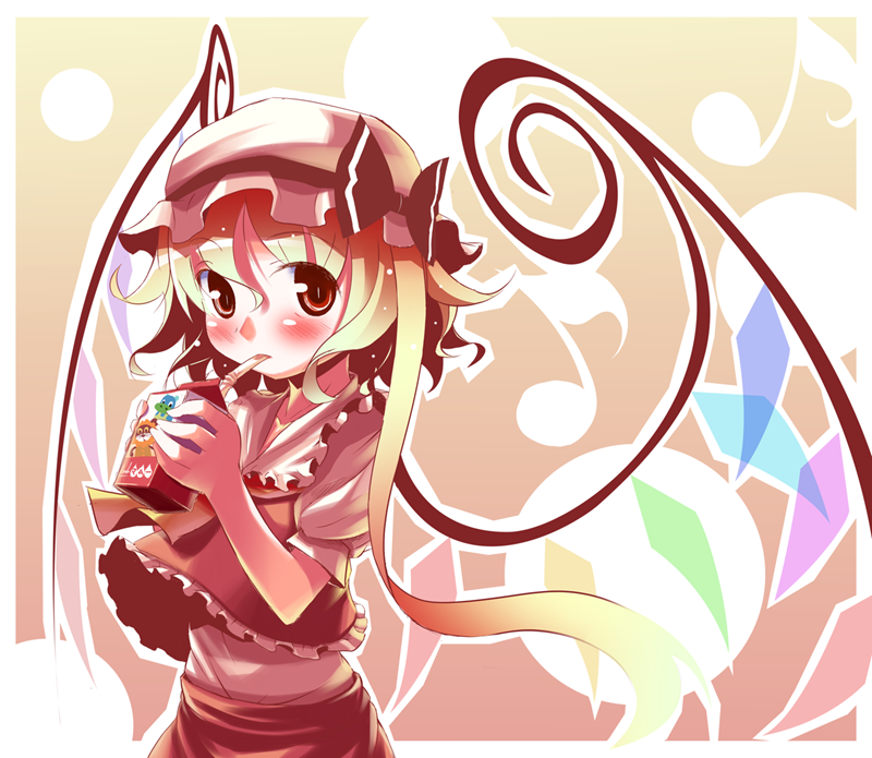 takahero, flandre scarlet, touhou, 1girl, blonde hair, bow, collarbone, crystal, demon wings, drink, drinking, drinking straw, female focus, hat, holding, mob cap, neckerchief, package, red eyes, red shirt, red skirt, shirt, short hair, short sleeves, skirt, solo, upper body, vampire, wings