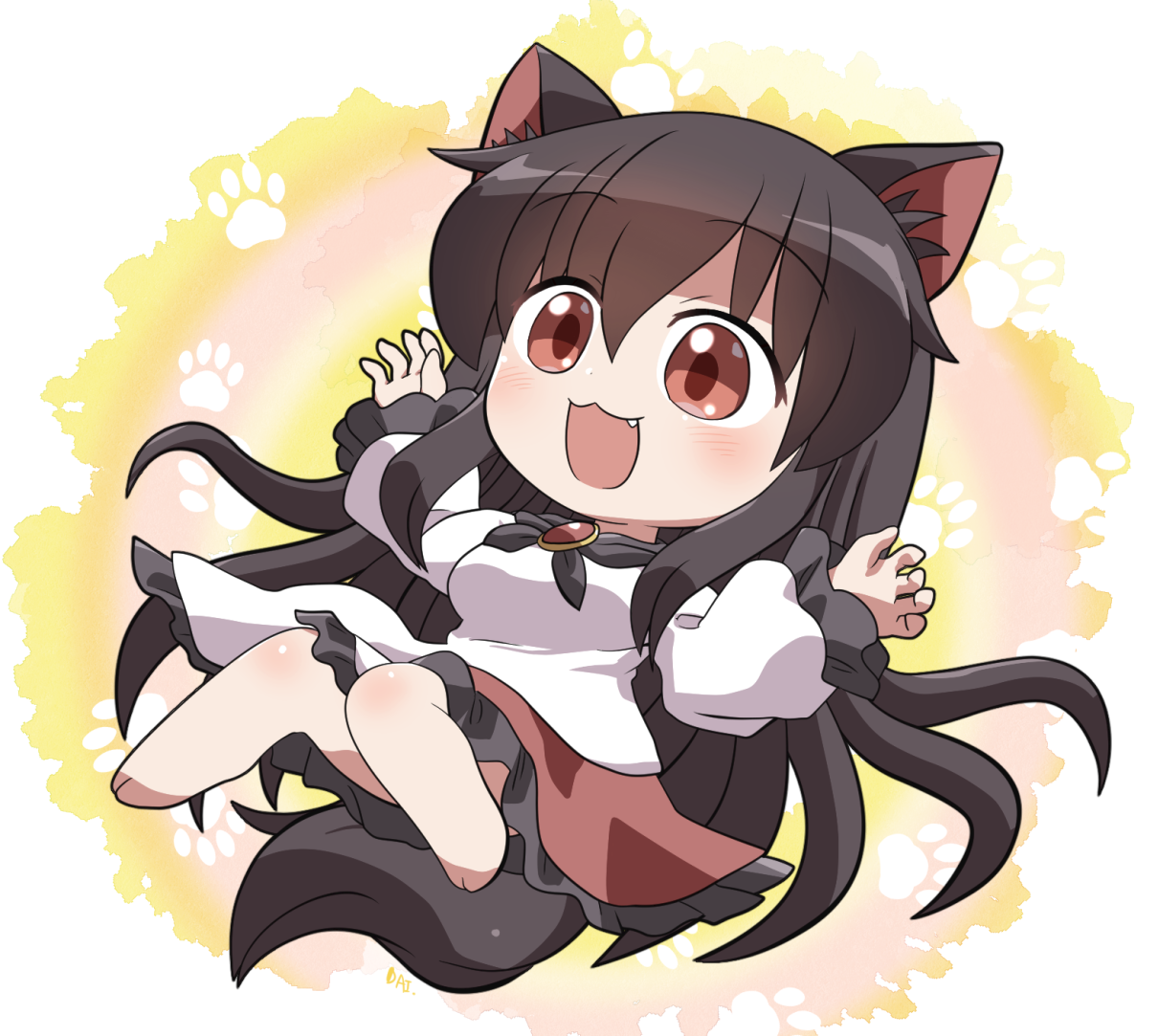 rokugou daisuke, imaizumi kagerou, touhou, commentary request, 1girl, :3, :d, animal ears, barefoot, black hair, blush, brooch, chibi, chibi only, dress, fang, frilled dress, frilled sleeves, frills, full body, hands up, jewelry, long hair, long sleeves, open mouth, paw print, red eyes, signature, smile, solo, tail, two-tone dress, very long hair, wolf ears, wolf girl, wolf tail, yellow background