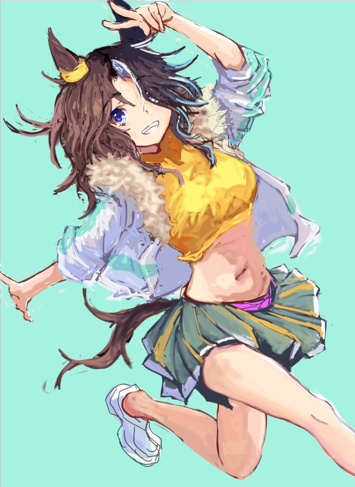yanagi wakana, mejiro palmer (umamusume), umamusume, 1girl, animal ears, blue eyes, breasts, brown hair, crop top, cropped shirt, ear ornament, fur trim, green skirt, hair between eyes, hair ornament, horse ears, horse girl, horse tail, jacket, long hair, long sleeves, looking at viewer, midriff, multicolored hair, navel, open clothes, open jacket, open mouth, shirt, shoes, skirt, smile, solo, streaked hair, tail, teeth, white hair, white jacket, yellow shirt