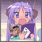 gauron, hiiragi kagami, sagara sousuke, full metal panic!, lucky star, animated, animated gif, anime screenshot, lowres, 00s, 1girl, blush, book, book focus, border, female focus, female pervert, full-face blush, manga (object), pervert, pornography, purple hair, solo, striped blush, twintails, viewing pornography, yaoi, yaoi (object)