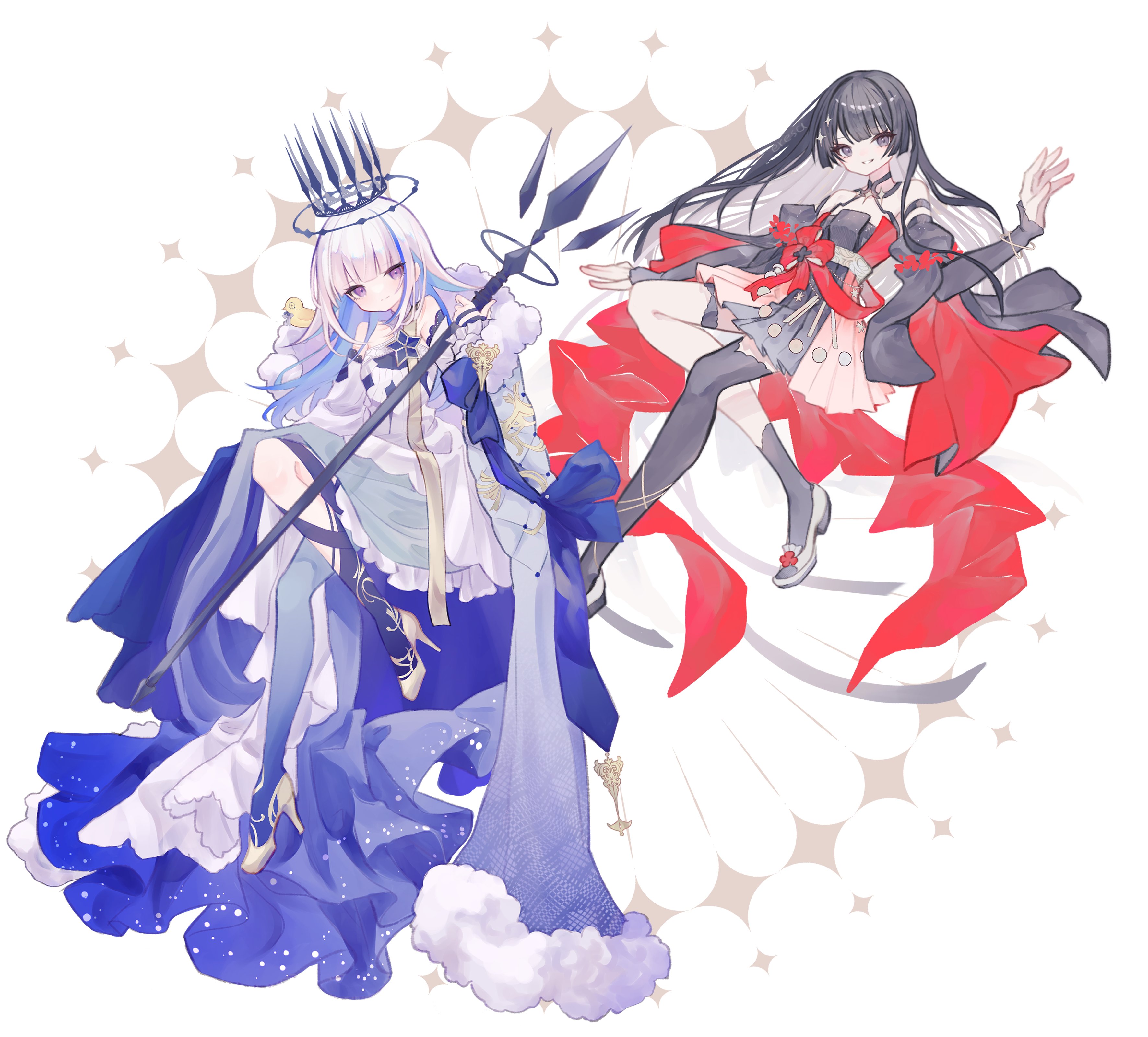eresa, lize helesta, sebastian piyodore, tsukino mito, nijisanji, absurdres, commentary request, highres, 2girls, artist name, asymmetrical legwear, bangle, bare shoulders, belt, bird, black crown, black hair, blue cloak, blue hair, blue pantyhose, blunt bangs, border, bracelet, breasts, cloak, closed mouth, collared dress, colored inner hair, crown, detached sleeves, dress, english text, eyelashes, floating crown, floral border, full body, fur-trimmed cloak, fur trim, gold shoes, gradient cloak, gradient clothes, gradient dress, grey dress, grey eyes, grey hair, grey shoes, grey sleeves, grey socks, grey thighhighs, grin, halter dress, halterneck, hand up, high heels, holding, holding scepter, inset border, invisible chair, jewelry, juliet sleeves, knee up, layered dress, leaning back, light blush, long hair, long sleeves, looking at viewer, mismatched legwear, multicolored hair, multiple girls, official alternate costume, official alternate hair color, ornate border, pantyhose, pink dress, pleated dress, puffy sleeves, pumps, purple eyes, quilted clothes, red dress, scepter, shoes, short dress, single sock, single thighhigh, sitting, sleeveless, sleeveless dress, sleeves past wrists, small breasts, smile, socks, sparkle hair ornament, split mouth, star (symbol), star symbol background, stiletto heels, streaked hair, tarot, the empress (tarot), thighhighs, two-tone hair, uneven legwear, very long hair, virtual youtuber, watermark, white background, white belt, white cloak, white dress, white hair, white sleeves, yellow bird
