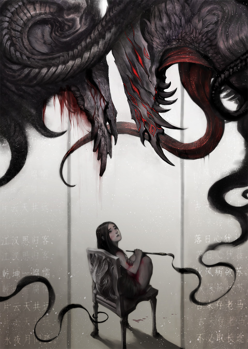 gunnerromantic, highres, 1girl, black hair, blood, calligraphy brush, chair, demon, female focus, looking up, monster, paint, paintbrush, sitting, solo