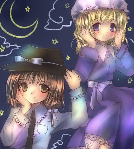 torii sumi, maribel hearn, usami renko, ghostly field club, touhou, lowres, 2girls, blush, brown eyes, brown hair, collared shirt, dress, dress shirt, fedora, female focus, frilled sleeves, frills, hat, long sleeves, multiple girls, necktie, purple dress, purple eyes, shirt, upper body, white shirt