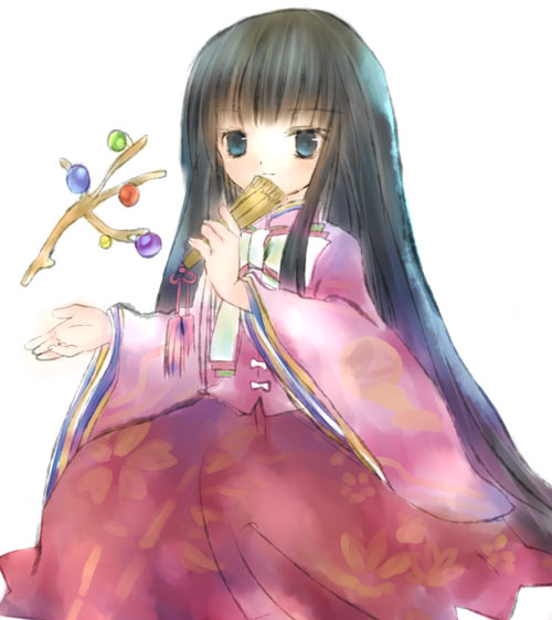 torii sumi, houraisan kaguya, touhou, 1girl, black hair, blue eyes, branch, dress, eating, female focus, food, glowing, holding, long sleeves, looking at viewer, orb, red dress, simple background, sitting, solo, white background, wide sleeves