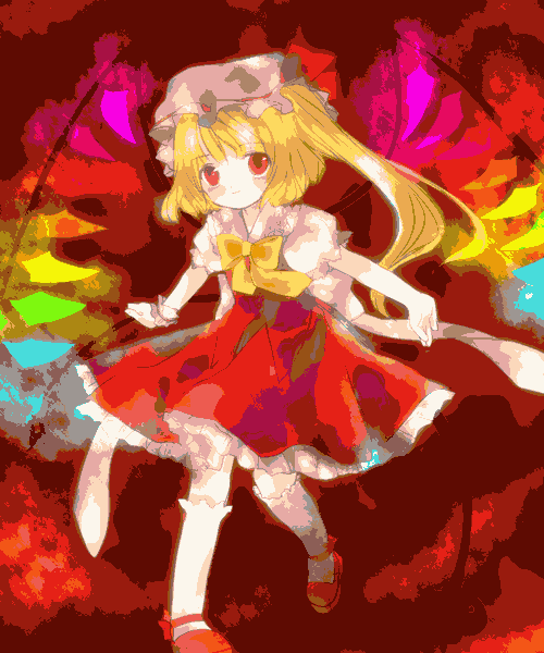 torii sumi, flandre scarlet, touhou, eyebrows, white legwear, 1girl, asymmetrical hair, blonde hair, bow, brown hat, child, dress, female focus, frilled skirt, frills, hat, hat ribbon, long hair, mob cap, rainbow order, red background, red dress, red eyes, red ribbon, red shoes, red theme, ribbon, shirt, shirt bow, shoes, short hair, side ponytail, skirt, solo, white shirt, wings, wrist cuffs, yellow bow