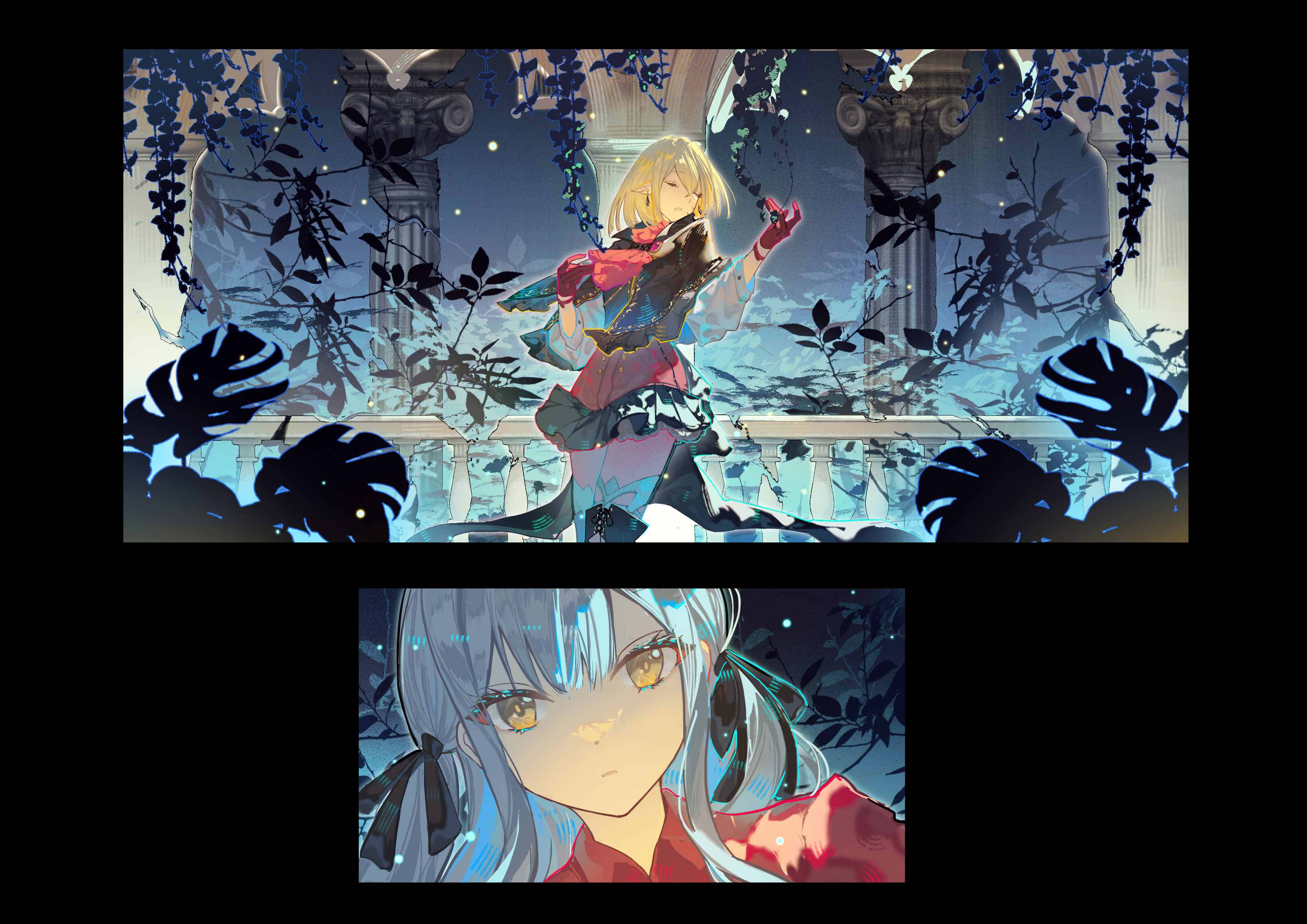 yang lizi, aver (yumenokessho), doloris (bang dream!), misumi uika, oblivionis (bang dream!), togawa sakiko, bang dream!, bang dream! it's mygo!!!!!, absurdres, chinese commentary, commentary request, highres, 2girls, ascot, black capelet, black ribbon, blonde hair, blue eyes, capelet, closed eyes, closed mouth, collared shirt, earrings, gloves, hair ribbon, jewelry, medium hair, multiple girls, music, open mouth, outdoors, pantyhose, pillar, pointy ears, red ascot, red gloves, red pantyhose, red shirt, red shorts, ribbon, shirt, shorts, singing, yellow eyes, yumenokessho