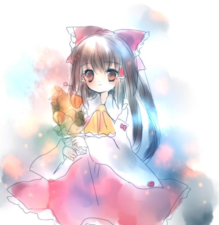 torii sumi, hakurei reimu, touhou, 1girl, ascot, bow, brown eyes, brown hair, detached sleeves, female focus, hair bow, hair tubes, holding, long hair, pale color, plant, potted plant, skirt, solo, wide sleeves