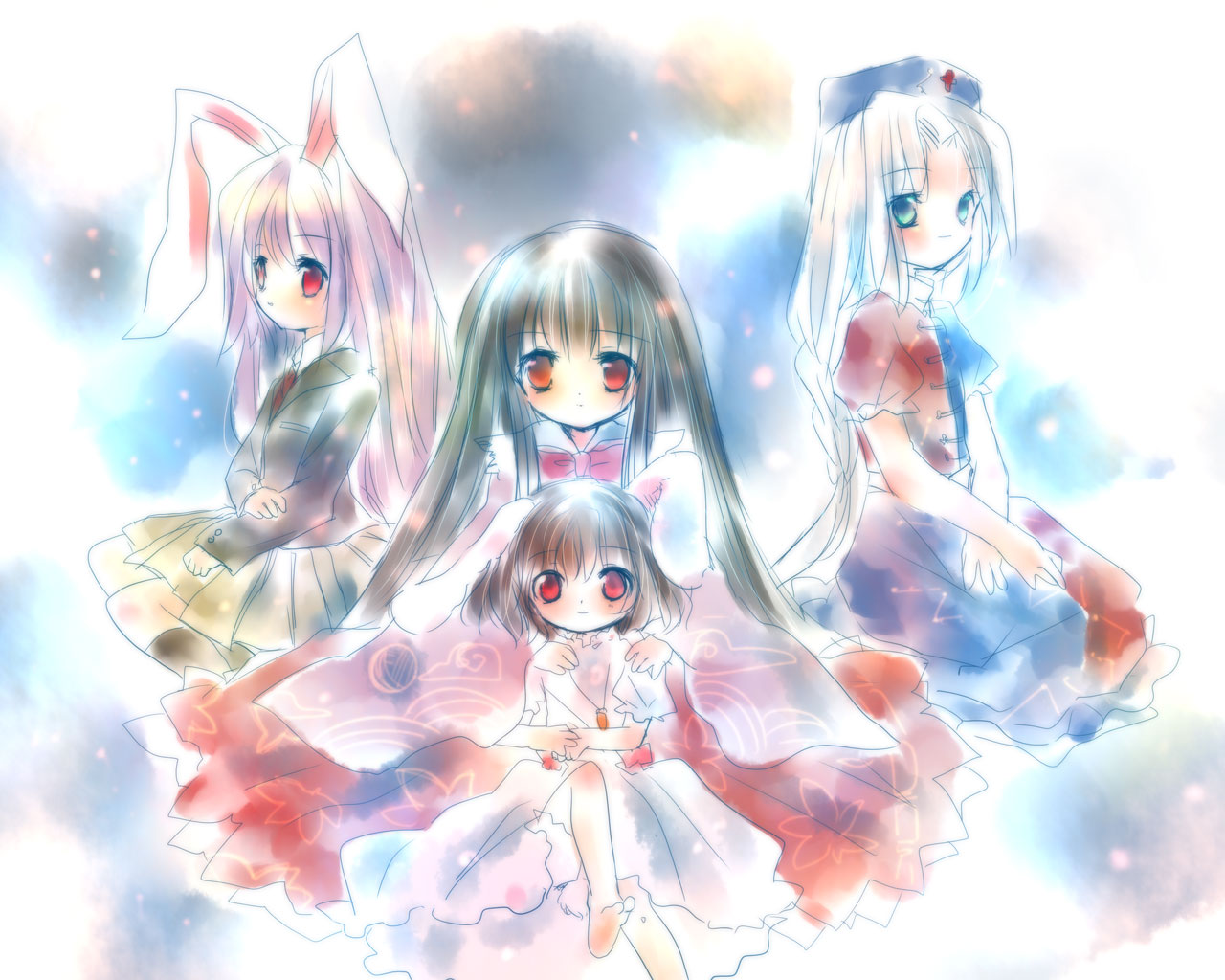 torii sumi, houraisan kaguya, inaba tewi, reisen udongein inaba, yagokoro eirin, touhou, silver hair, 4girls, animal ears, black hair, black jacket, blouse, braid, dress, female focus, formal clothes, hat, jacket, long sleeves, looking at viewer, multiple girls, nurse cap, pink dress, puffy short sleeves, puffy sleeves, purple hair, rabbit ears, red eyes, red skirt, shirt, short hair, short sleeves, single braid, skirt, suit