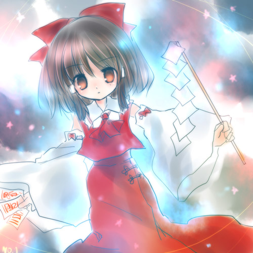 torii sumi, hakurei reimu, embodiment of scarlet devil, touhou, lowres, 1girl, bow, brown hair, detached sleeves, dress, dutch angle, female focus, gohei, hair bow, holding, long sleeves, looking at viewer, ofuda, outstretched arms, red bow, red dress, red eyes, short hair, sidelocks, solo, stick, wide sleeves