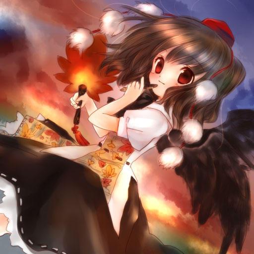 torii sumi, shameimaru aya, touhou, 1girl, arch, black hair, black skirt, black wings, evening, female focus, from behind, hand fan, hat, holding, looking at viewer, looking back, outdoors, pom pom (clothes), puffy short sleeves, puffy sleeves, red eyes, shirt, short hair, short sleeves, skirt, smile, solo, sunlight, sunset, tengu, tokin hat, white shirt, wings