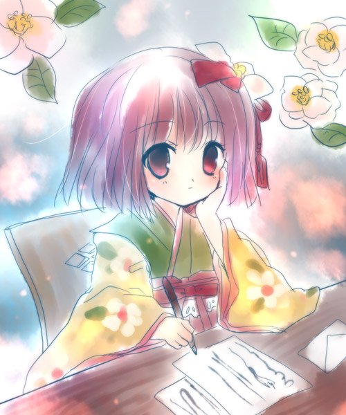 torii sumi, hieda no akyuu, perfect memento in strict sense, touhou, 1girl, arm support, calligraphy brush, female focus, flower, gradient background, head rest, heida no akyuu, japanese clothes, paintbrush, plant, purple eyes, purple hair, short hair, solo, upper body