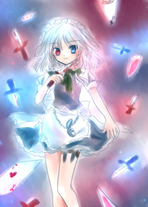 torii sumi, izayoi sakuya, touhou, silver hair, 1girl, apron, blood, blue eyes, bow, braid, card, danmaku, female focus, floating card, garter straps, gradient background, hair bow, heterochromia, knife, maid, maid apron, maid headdress, playing card, pocket watch, red eyes, short hair, skirt, smile, solo, throwing knife, twin braids, watch, weapon