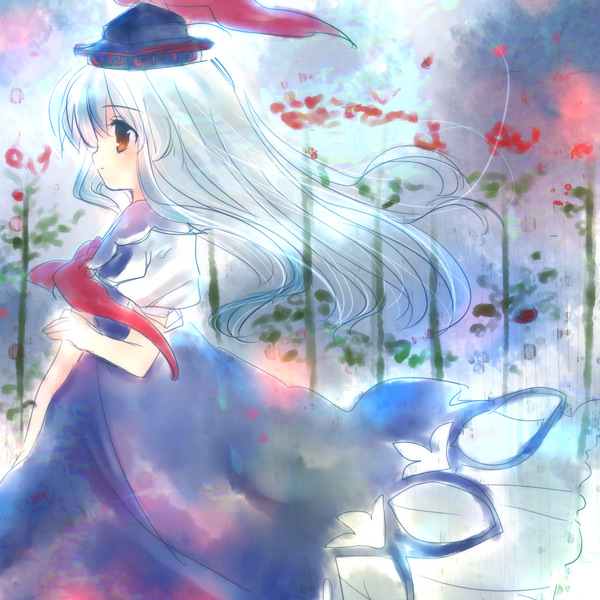 torii sumi, kamishirasawa keine, touhou, 1girl, blue hair, female focus, floating hair, hat, long hair, solo