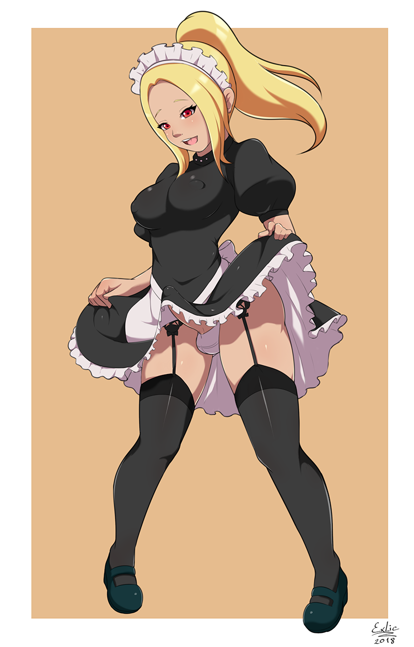 exlic, kitten (gravity daze), gravity daze, 1futa, blonde hair, dark-skinned female, dark skin, dress, erection, futanari, panties, penis, underwear, upskirt