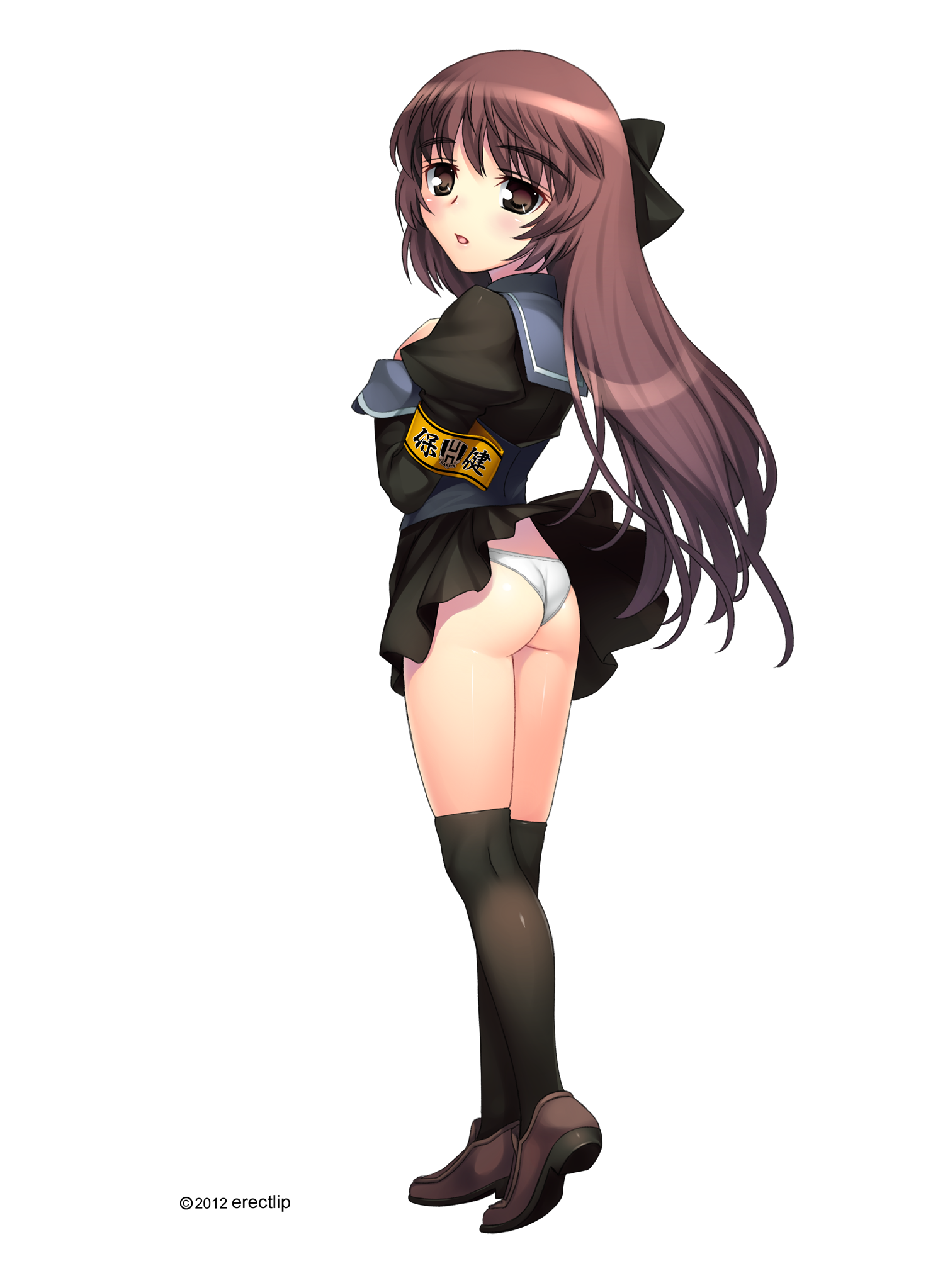 mangusta: chijoku fuuki iinkai, ass, black serafuku, black thighhighs, blush, brown eyes, brown hair, clothes lift, long hair, looking back, panties, school uniform, serafuku, shoes, skirt, skirt lift, thighhighs, underwear, upskirt, white panties, wind, wind lift