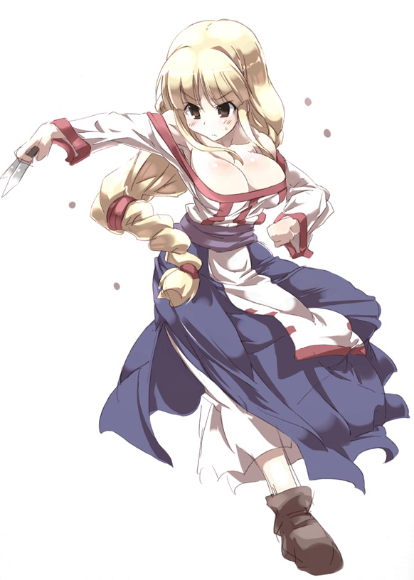tokyo (great akuta), lieza (arc the lad), arc the lad, arc the lad i, 1girl, blonde hair, breasts, cleavage, female focus, knife, large breasts, long hair, low-tied long hair, solo, white background