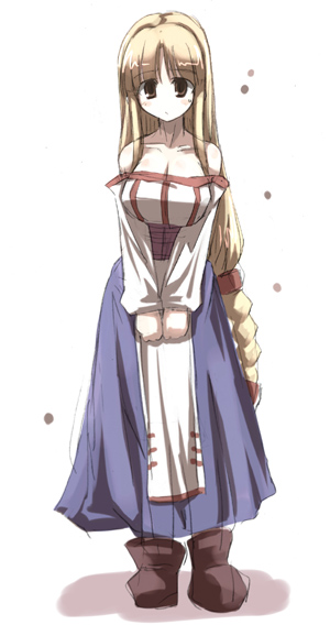 tokyo (great akuta), lieza (arc the lad), arc the lad, arc the lad i, 1girl, bare shoulders, female focus, long hair, low-tied long hair, solo, v arms, very long hair, white background