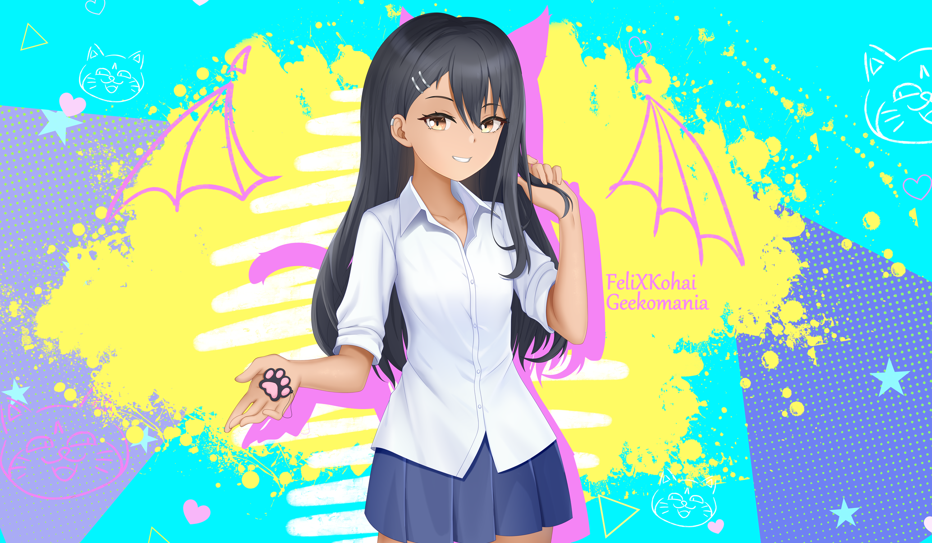 felixkohai, nagatoro hayase, ijiranaide nagatoro-san, highres, 1girl, aqua background, artist name, black hair, blue skirt, brown eyes, cat paw, dark skin, drawn wings, hair ornament, hairclip, holding, holding own hair, light smile, long hair, paint splatter, polka dot, school uniform, shirt, silhouette, skirt, sleeves rolled up, tan, white shirt