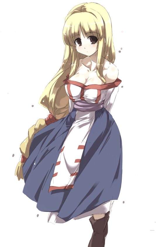 tokyo (great akuta), lieza (arc the lad), arc the lad, arc the lad i, 1girl, bare shoulders, blonde hair, breasts, cleavage, female focus, large breasts, long hair, low-tied long hair, solo, very long hair, white background