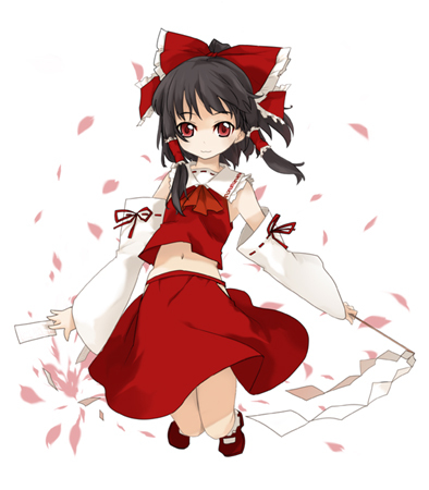 kusano houki, hakurei reimu, touhou, lowres, 1girl, black hair, bow, brown eyes, female focus, full body, hair bow, hair tubes, looking at viewer, midriff, navel, red bow, red eyes, red skirt, sidelocks, simple background, skirt, solo, stomach, vest, white background