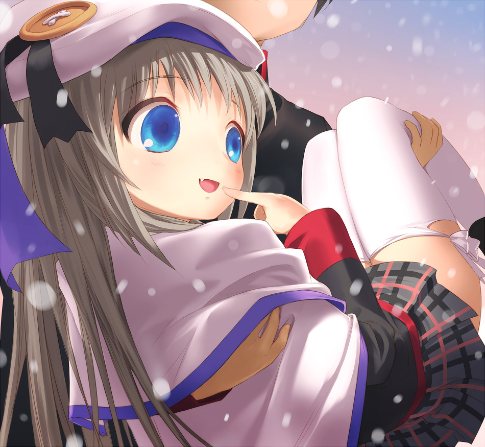 uni (plastic girl), noumi kudryavka, little busters!, silver hair, blue eyes, buttons, carrying, fang, hat, large buttons, long hair, plaid clothes, plaid skirt, princess carry, school uniform, serafuku, skirt, solo focus, thighhighs