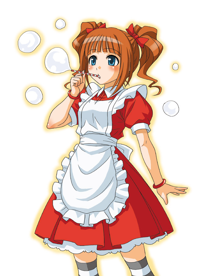 hida tatsuo, takatsuki yayoi, idolmaster, idolmaster (classic), idolmaster 1, maid fairy tale, 00s, 1girl, blowing bubbles, blue eyes, brown hair, bubble, female focus, solo, thighhighs, twintails