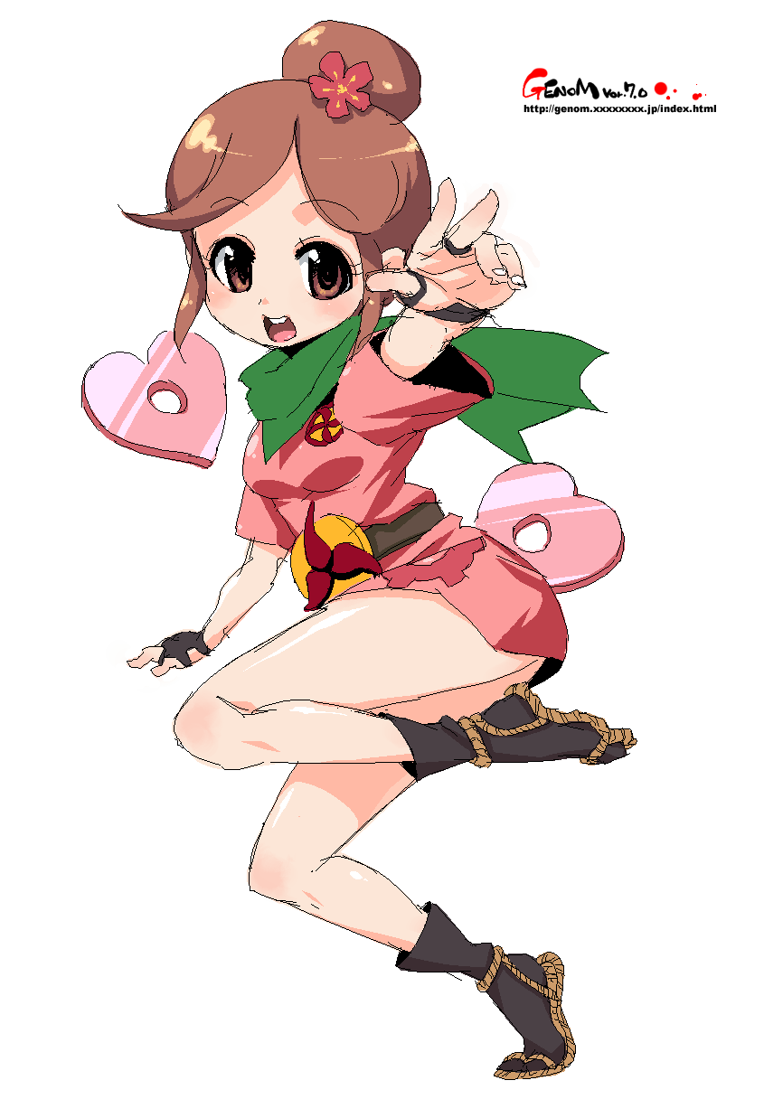 onija tarou, copyright request, highres, brown eyes, brown hair, double bun, hair bun, hair ornament, heart, japanese clothes, ninja, oekaki, sandals, scarf, short hair, single hair bun, smile, socks, solo, tunic