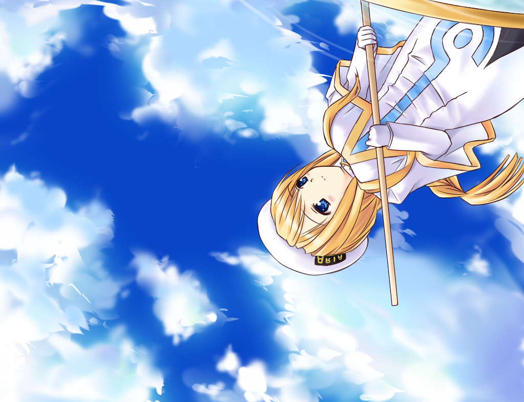 senoo aoi, alicia florence, aria (manga), 00s, 1girl, beret, blonde hair, blue sky, day, dress, dutch angle, female focus, gloves, hat, high collar, holding, holding weapon, long hair, long sleeves, pantyhose, polearm, rod, sky, solo, staff, upside-down, very long hair, weapon, white dress, white gloves