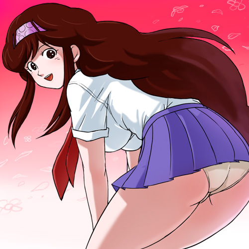 haruyama kazunori, asaoka natsumi, the kabocha wine, lowres, ass, blouse, brown hair, gradient background, headband, miniskirt, panties, pantyshot, pleated skirt, school uniform, serafuku, shirt, skirt, solo, thighs, underwear, white panties, white shirt