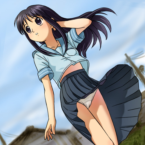 haruyama kazunori, hibara shizuru, mokke, lowres, 00s, 1girl, adjusting hair, black eyes, black hair, female focus, long hair, midriff, outdoors, panties, pantyshot, school uniform, serafuku, skirt, sky, solo, underwear, white panties, wind, wind lift